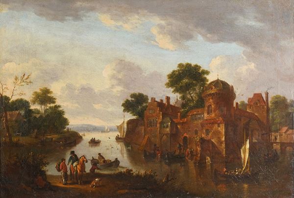 Paesaggio fluviale con contadini