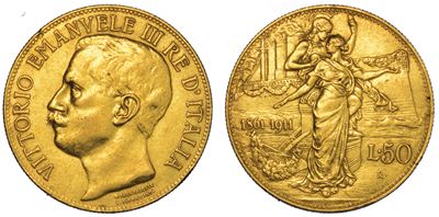 Regno D'italia. Vittorio Emanuele III di Savoia, 1900-1946. 50 Lire 1911. Cinquantenario.