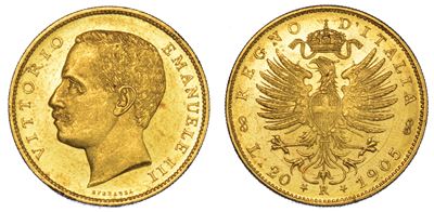 Regno D'italia. Vittorio Emanuele III di Savoia, 1900-1946. 20 Lire 1905. Aquila.