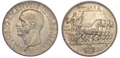 Regno D'italia. Vittorio Emanuele III di Savoia, 1900-1946. 20 Lire 1936/XIV. Impero.