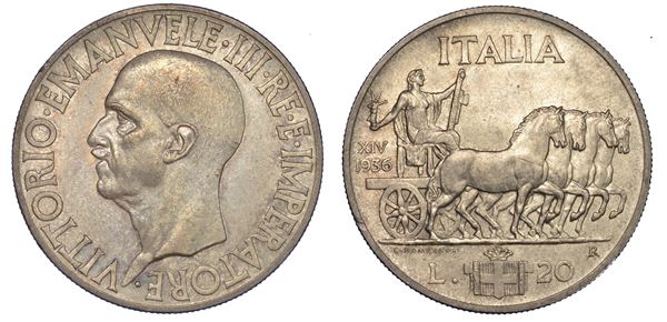 REGNO D'ITALIA. VITTORIO EMANUELE III DI SAVOIA, 1900-1946. 20 Lire 1936/XIV. Impero.