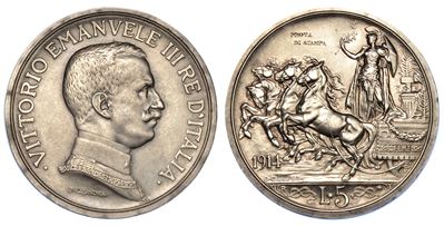 Regno D'italia. Vittorio Emanuele III di Savoia, 1900-1946. 5 Lire 1914. Quadriga Briosa. Prova d...