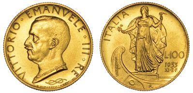Regno D'italia. Vittorio Emanuele III di Savoia, 1900-1946. 100 Lire 1933/a. XI. Italia su Prora.
