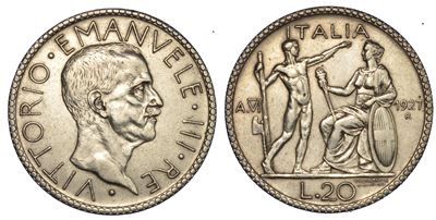 Regno D'italia. Vittorio Emanuele III di Savoia, 1900-1946. 20 Lire 1927/a. Vi. Littore.