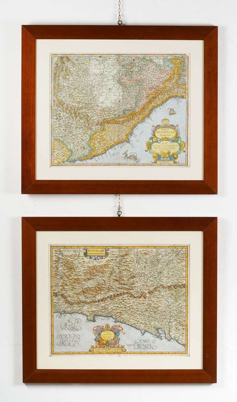 Giovanni Antonio Magini : Giovanni Antonio Magini (1555-1617)  Riviera di Genova di Levante / Riviera di Genova di Ponente  - incisioni acquerellate - Asta Stampe Antiche e Moderne - Cambi Casa d'Aste