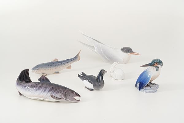 Sei figurine di animali. Danimarca, Manifattura Royal Copenhagen e Bing & Grondahl, XX secolo.