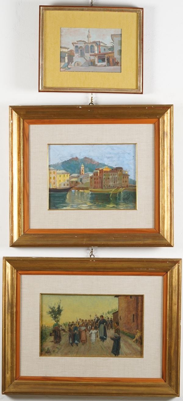 Gruppo di tre dipinti di vario soggetto (il più piccolo firmato Rodocanachi / Moschea di Smirne