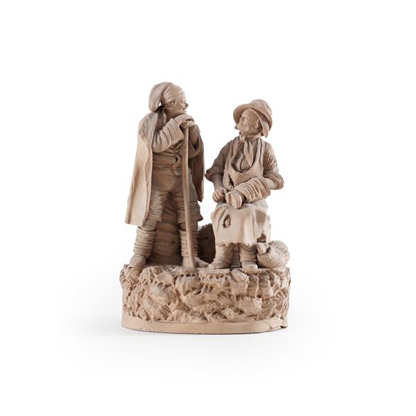 Scultore del XX secolo Gruppo in terracotta con popolani