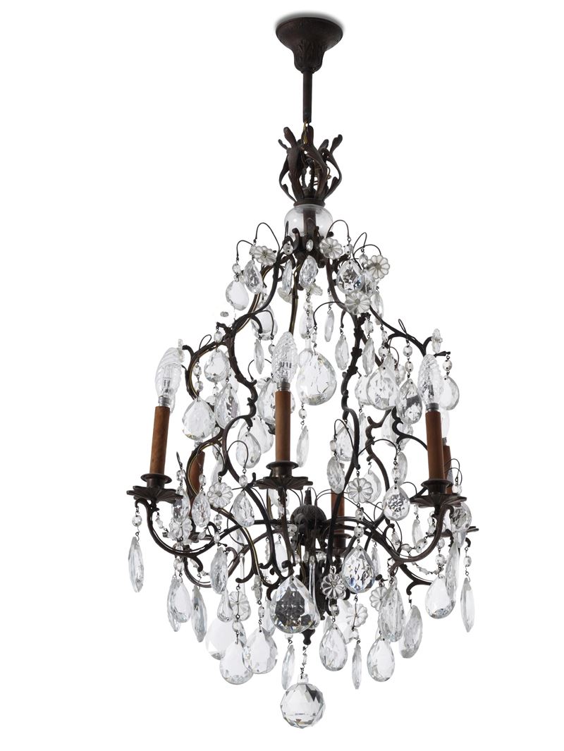 Piccolo lampadario a sei luci in metall e cristalli  - Auction Antique - Cambi Casa d'Aste
