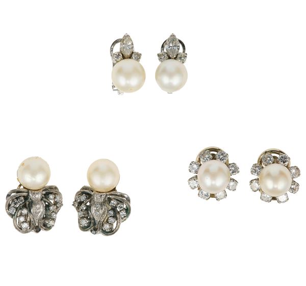 Three pair of cultured pearl and diamond earrings