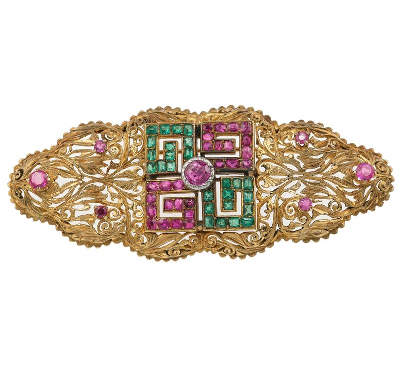 Emerald, ruby and gold brooch  - Auction Jewels - Cambi Casa d'Aste