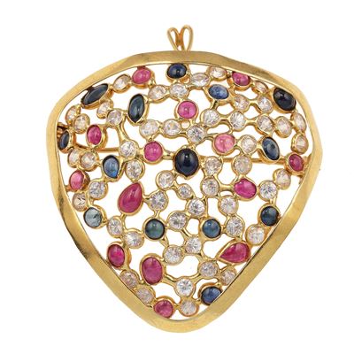 Spilla/pendente con Rubini e Zaffiri Taglio Cabochon e Imitazioni di Diamante