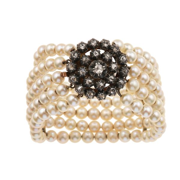 Cultured pearl, gold and silver bracelet