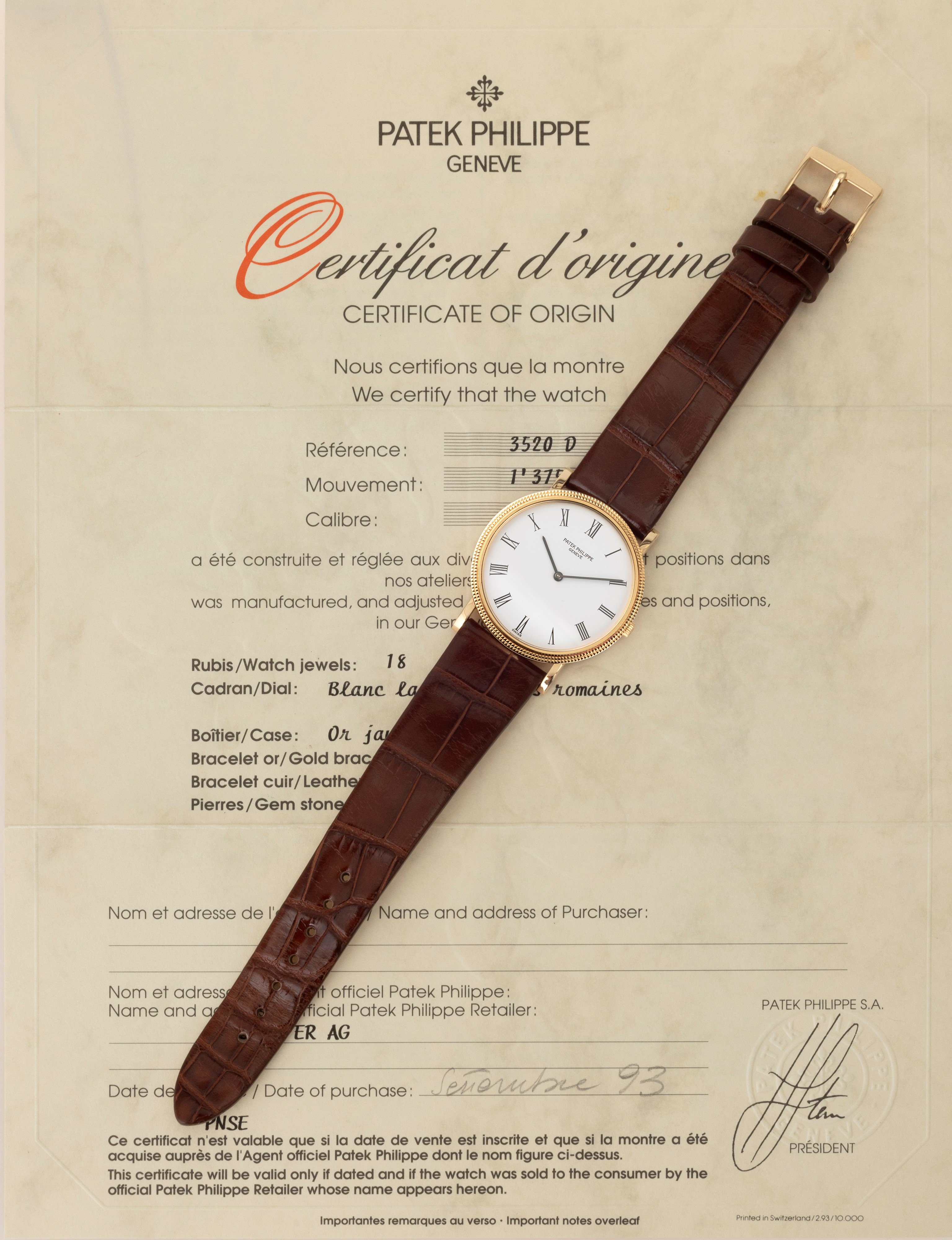 Patek Philippe - Elegante Calatrava Clos De Paris Ref 3520 in Oro Giallo 18k, Quadrante Bianco Nu...