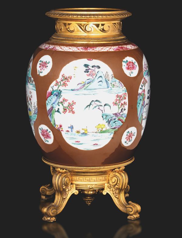 “café au lait” Famille Rose porcelain vase with landscape within shaped reserves, gilt bronze mount, China, Qing Dynasty, Qianlong period, 18th century