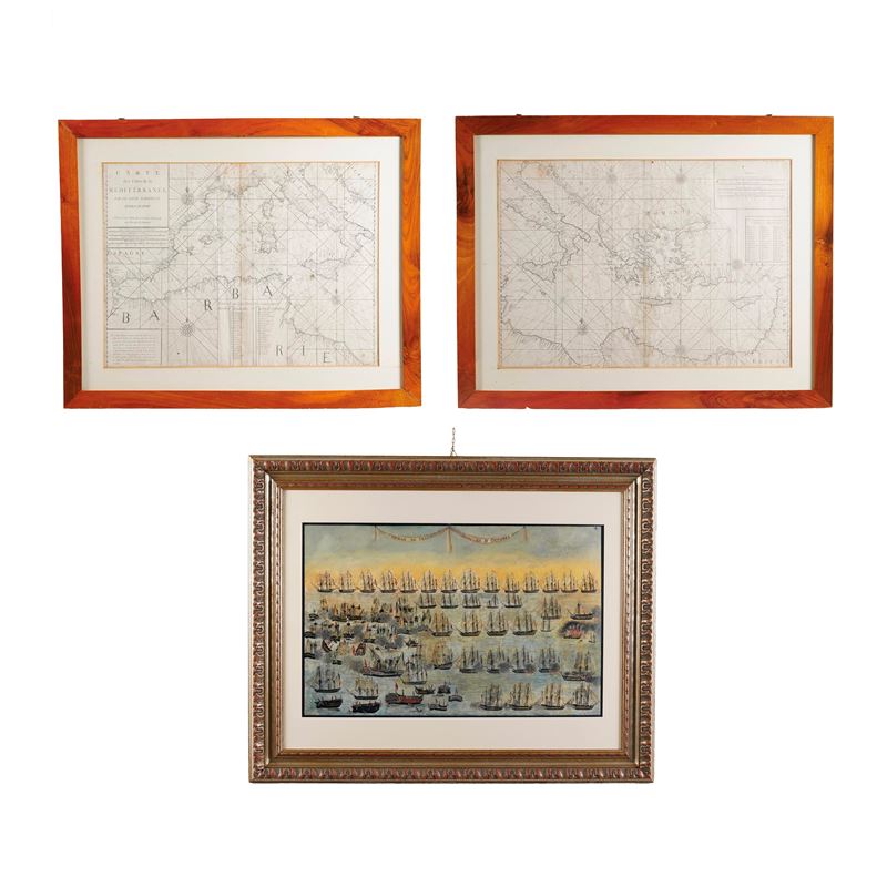Due stampe carte geografiche e stampa “Combattimento di Trafalgar”  - Auction Antiques - Cambi Casa d'Aste