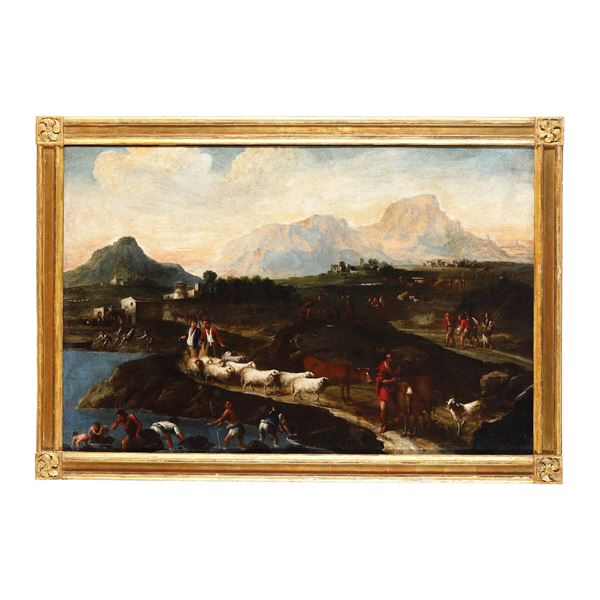 Scuola genovese del XVIII secolo Paesaggio con pastori e armenti