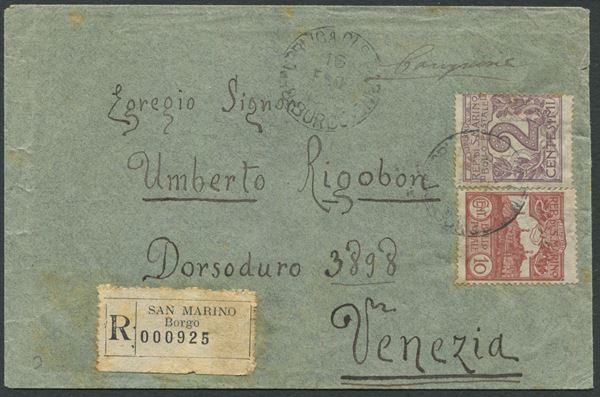 1905, S.Marino, Campione senza valore racc. da Borgo S. Marino a Venezia affrancato con Cifra 2c. e Vedute 10c. (34 e 36)
