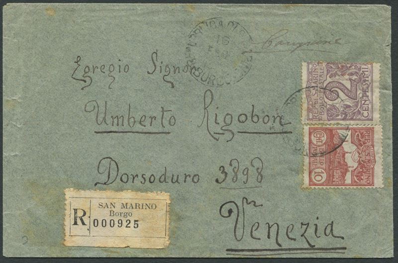1905, S.Marino, Campione senza valore racc. da Borgo S. Marino a Venezia affrancato con Cifra 2c. e Vedute 10c. (34 e 36)  - Asta Storia Postale e Filatelia - Cambi Casa d'Aste