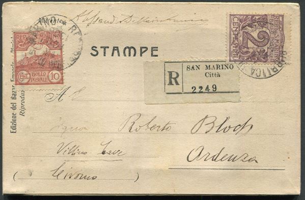 1906 - San Marino - Stampe raccomandate affr. 2c. + 10c.