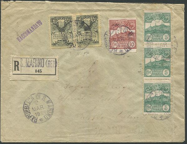 1915, San Marino, Raccomandata affr. Stemma 15c. (2 es.) + 5c. (3 es.) + 10c.