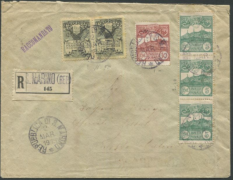 1915, San Marino, Raccomandata affr. Stemma 15c. (2 es.) + 5c. (3 es.) + 10c.  - Auction Postal History and Philately - Cambi Casa d'Aste