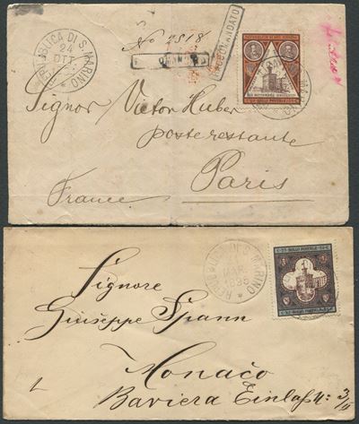 1894-95, S.marino, Raccomandata e Lettera per Parigi e Monaco Affrancate con 50c. e 25c. “inaugur...