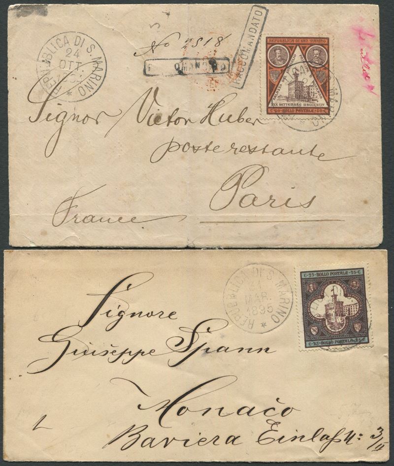 1894-95, S.Marino, Raccomandata e Lettera per Parigi e Monaco affrancate con 50c. e 25c. “Inaugurazione Palazzo del Governo”  - Auction Postal History and Philately - Cambi Casa d'Aste