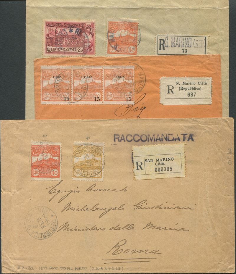 1903-18 - S. Marino, Lotto di 12 lettere e cartoline affrancate con serie Cifra o veduta  - Auction Postal History and Philately - Cambi Casa d'Aste