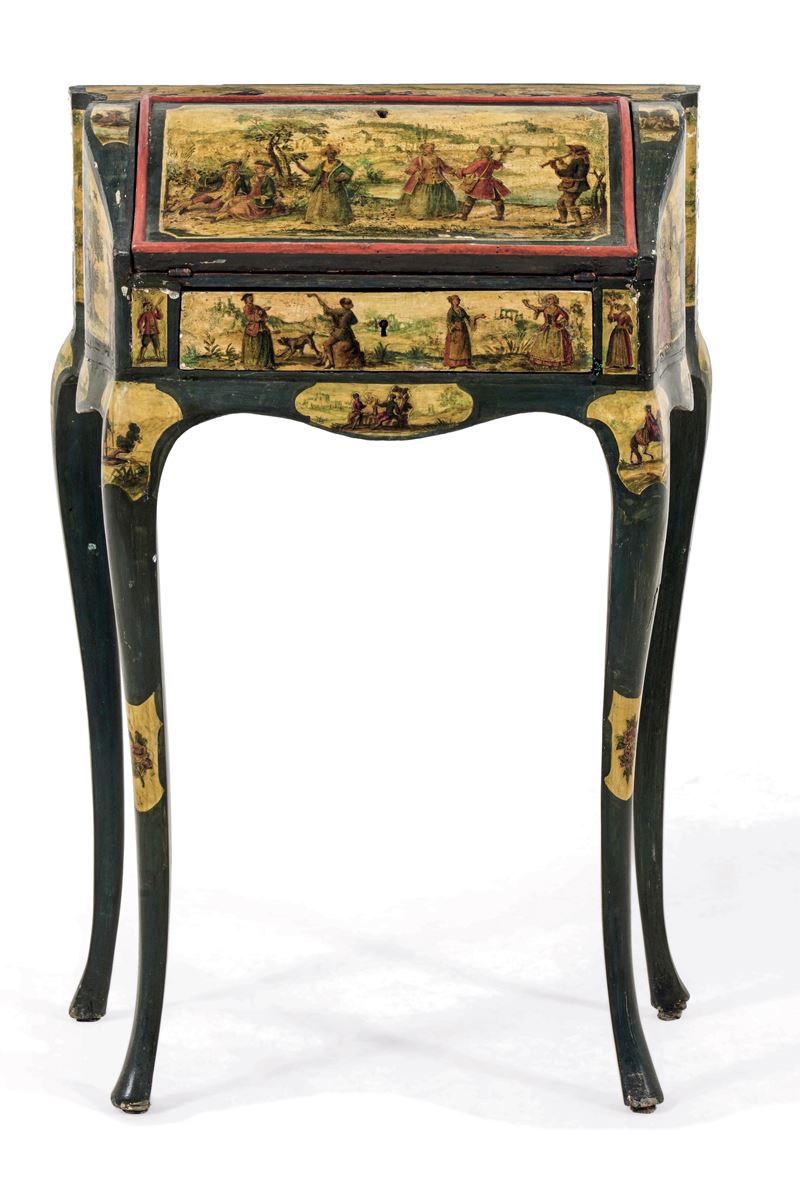 Piccola ribalta in legno laccato decorato ad arte povera. Venezia, XVIII secolo  - Asta Sei Secoli di Arti e Arredi - III - Cambi Casa d'Aste