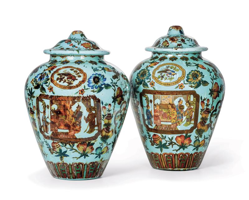 Coppia di potiches a chinoiserie in vetro soffiato decorato ad arte povera. Piemonte, XIX secolo  - Asta Sei Secoli di Arti e Arredi - III - Cambi Casa d'Aste