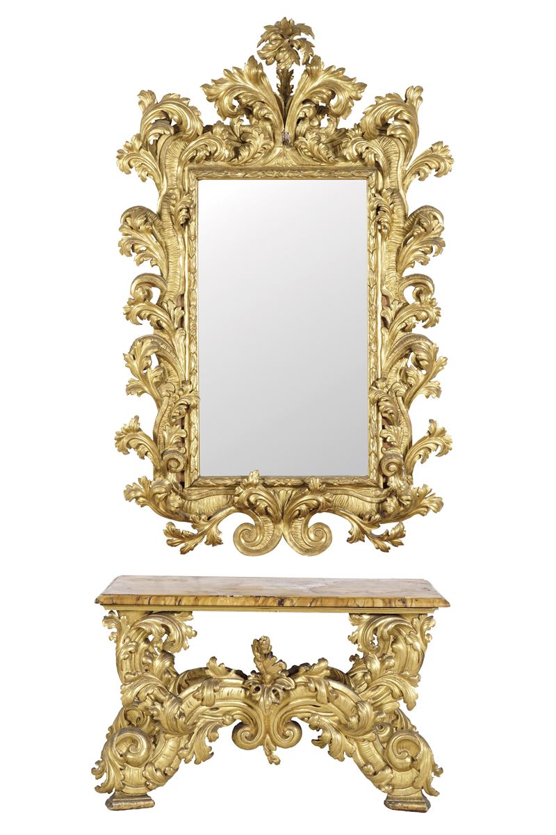 Imponente consolle con specchiera di gusto barocco in legno scolpito e dorato. XIX secolo  - Auction Six Centuries of Arts and Furnitures - III - Cambi Casa d'Aste