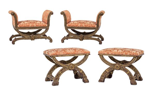 Coppia di faldistori e coppia di panchetti. XIX secolo