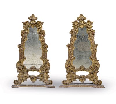 Coppia di Specchiere da Appoggio in Legno Scolpito e Dorato. XVIII Secolo