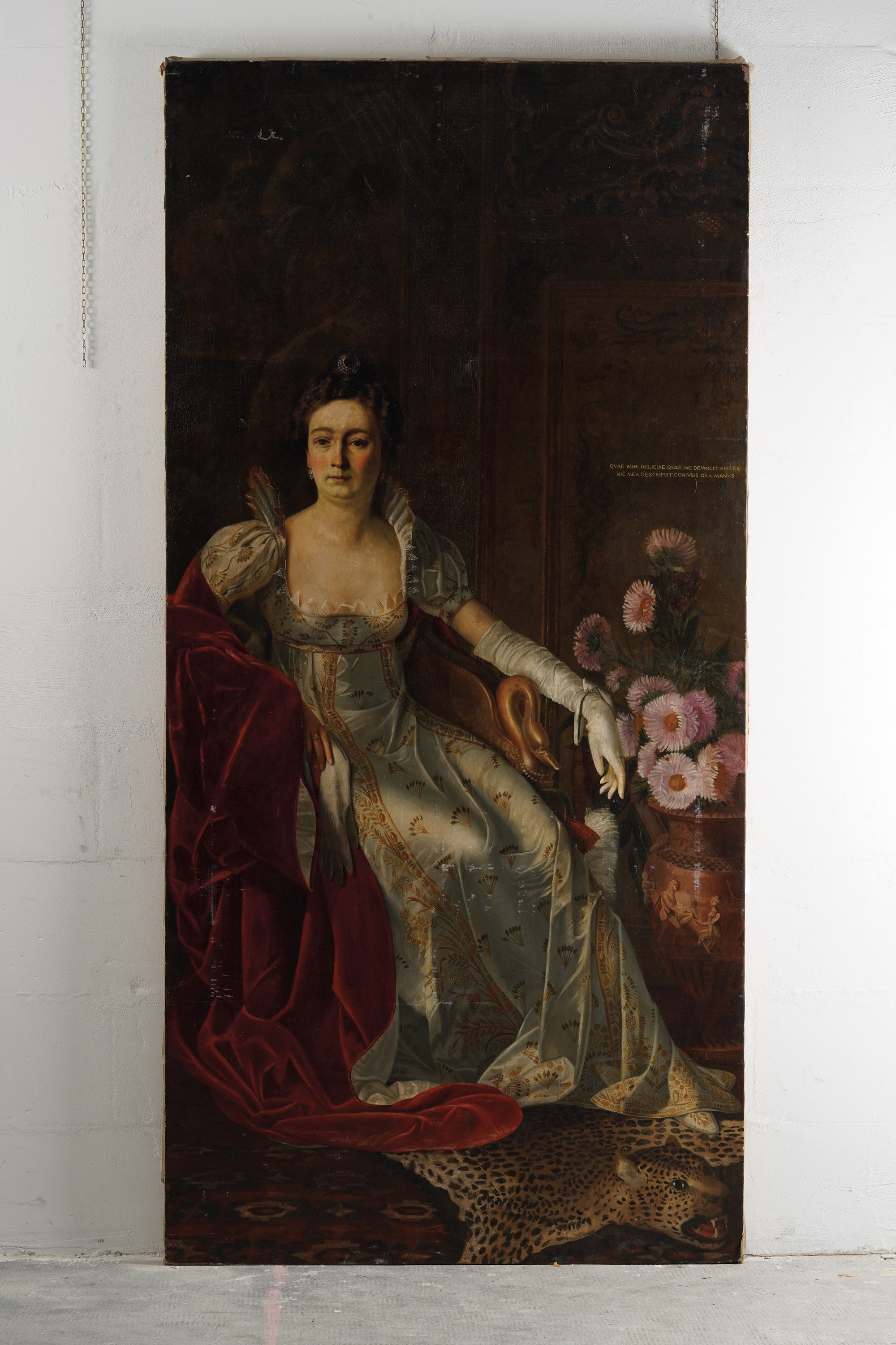 Pittore Francese del XIX Secolo Ritratto di Gentildonna con Vaso di Dalie