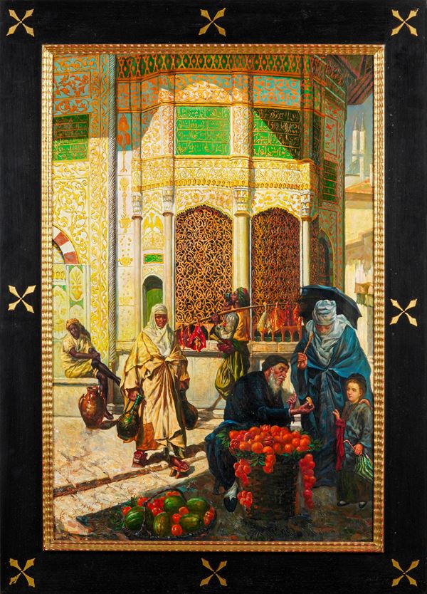 Pittore orientalista del XX secolo Scena di mercato arabo
