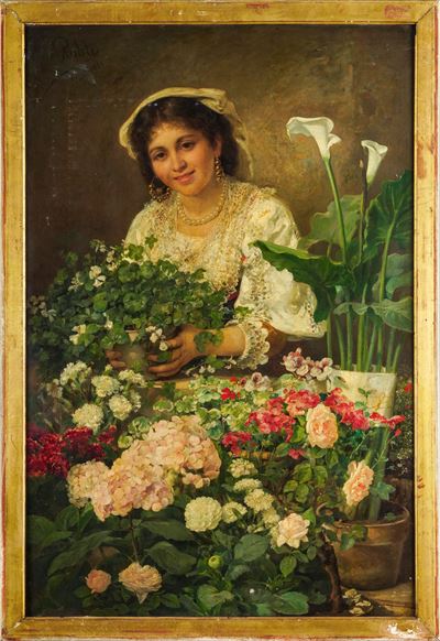 Pittore del XIX Secolo la Venditrice di Fiori, 1881