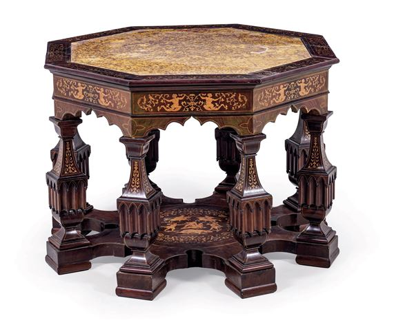 Tavolo Carlo X lastronato e filettato. XIX secolo