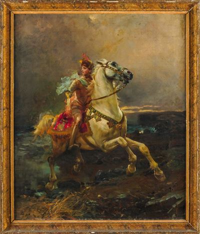 Pittore del XIX Secolo Cavaliere in Riva al Mare