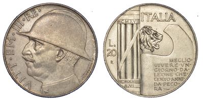 Regno D'italia. Vittorio Emanuele III di Savoia, 1900-1946. 20 Lire 1928/a. Vi. Elmetto.