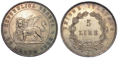 Venezia. Governo Provvisorio di Venezia, 1848-1849. 5 Lire 1848 (i Tipo).