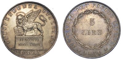 Venezia. Governo Provvisorio di Venezia, 1848-1849. 5 Lire 1848 (II Tipo).