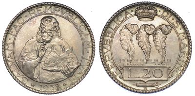 San Marino. Vecchia Monetazione, 1864-1938. 20 Lire 1938.