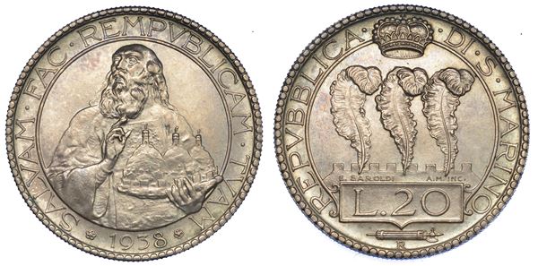 SAN MARINO. Vecchia monetazione, 1864-1938. 20 Lire 1938.