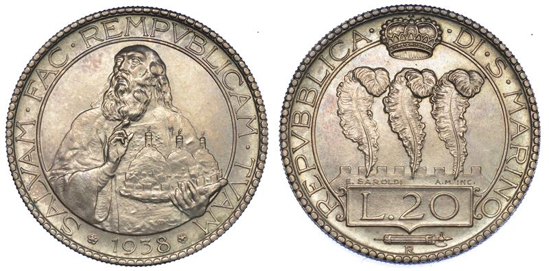 SAN MARINO. Vecchia monetazione, 1864-1938. 20 Lire 1938.  - Auction Numismatics - Cambi Casa d'Aste