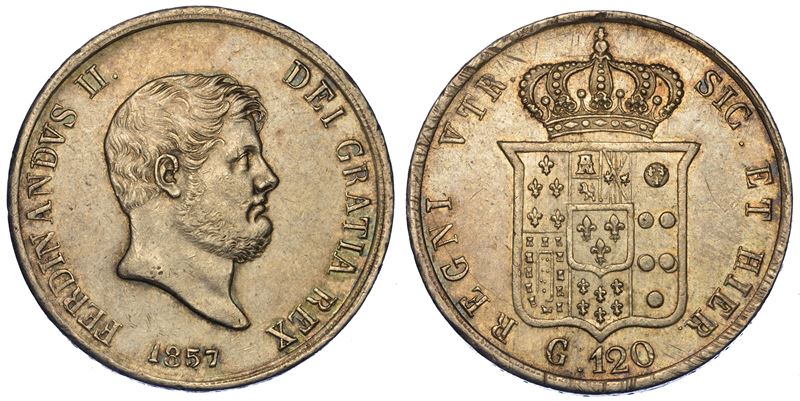 NAPOLI. FERDINANDO II DI BORBONE, 1830-1859. Piastra da 120 Grana 1857.  - Auction Numismatics - Cambi Casa d'Aste