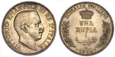 Somalia Italiana. Vittorio Emanuele III di Savoia, 1909-1925. Rupia 1910.