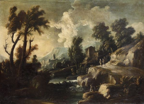 Scuola del XVIII secolo Paesaggio fluviale con contadini