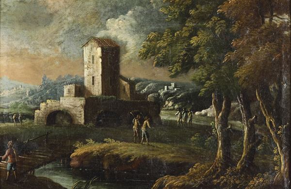 Scuola del XVIII secolo Paesaggio fluviale con contadini