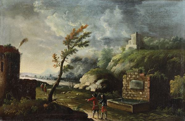 Scuola del XVIII secolo Paesaggio con viandanti alla fonte